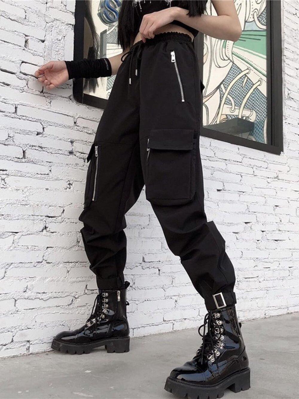 Black Cargo Pants Women Loose Chained Multi-Pocket Multi-Zip Punk Goth Pants - Picture 5 of 7